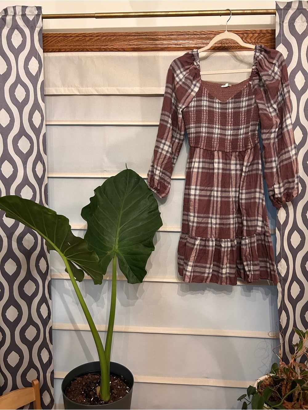 Maurices Plaid Puff-Sleeve Tiered Dress in Brown and Cream